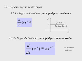 1.5 - Algumas regras de derivação

     1.5.1 - Regra da Constante: para qualquer constante c
                                       y
            d
                (c )       0                      y=c
           dx                          c
                                                 Inclinação = 0


                                                                  x

    1.5.2 - Regra da Potência: para qualquer número real n

                       d         n         n 1            Ver exemplo
                               (x )   nx                    anterior
                       dx
 