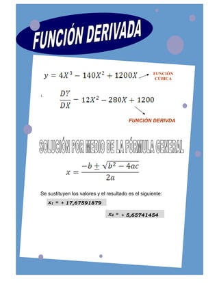 FUNCIÓN
CÚBICA

1.

FUNCIÓN DERIVDA

Se sustituyen los valores y el resultado es el siguiente:
x1 = + 17,67591879
x2 = + 5,65741454

 