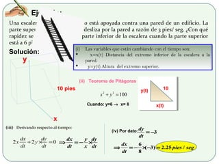 Ejemplo:
Una escalera de 10 pies de largo está apoyada contra una pared de un edificio. La
parte superior de la escalera se desliza por la pared a razón de 3 pies/ seg. ¿Con qué
rapidez se aleja del edificio la parte inferior de la escalera cuando la parte superior
está a 6 pies del suelo?
x
y
10 pies
Solución:
(i) Las variables que están cambiando con el tiempo son:
 x=x(t) Distancia del extremo inferior de la escalera a la
pared.
 y=y(t) Altura del extremo superior.
(ii) Teorema de Pitágoras
2 2
100x y+ =
10y(t)
x(t)
(iii) Derivando respecto al tiempo:
2 2 0
dx dy
x y
dt dt
+ × =
dx y dy
dt x dt
⇒ = − ×
Cuando: y=6 → x= 8
(iv) Por dato: 3
dy
dt
= −
6
( 3) 2.25 /
8
dx
pies seg
dt
⇒ = − ×− =
 