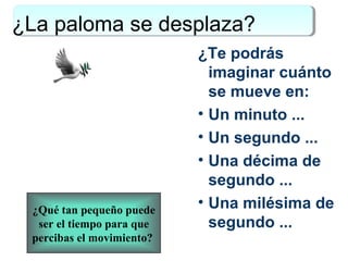 ¿La paloma se desplaza?
¿Te podrás
imaginar cuánto
se mueve en:
• Un minuto ...
• Un segundo ...
• Una décima de
segundo ...
• Una milésima de
segundo ...
¿Qué tan pequeño puede
ser el tiempo para que
percibas el movimiento?
 