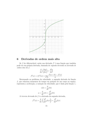 6 Derivadas de ordem mais alta
Se f for diferenci´avel, ent˜ao sua derivada f ´e uma fun¸c˜ao que tamb´em
pode ter sua pr´opria derivada, chamada de segunda derivada ou derivada de
ordem dois de f.
d
dx
dy
dx
=
d2
y
dx2
f (x) = (f ) (x) = lim
h→0
f (x + h) − f (x)
h
Retornando ao problema da velocidade, a segunda derivada da fun¸c˜ao
f, que relaciona momentos do tempo em posi¸c˜oes de um corpo no espa¸co,
representa a acelera¸c˜ao, a varia¸c˜ao da velocidade, que ´e dada pela fun¸c˜ao v,
v(t) =
d
dt
f(t)
a =
d
dt
v(t) =
d2
dt2
f(t)
A terceira derivada de f ´e a derivada da segunda derivada,
f (x) =
d
dx
d2
dx2
f(x) =
d3
dx3
f(x)
15
 