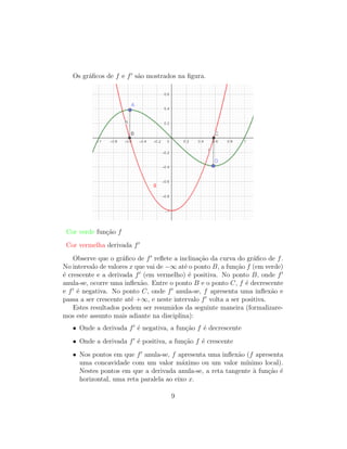 Os gr´aﬁcos de f e f s˜ao mostrados na ﬁgura.
Cor verde fun¸c˜ao f
Cor vermelha derivada f
Observe que o gr´aﬁco de f reﬂete a inclina¸c˜ao da curva do gr´aﬁco de f.
No intervalo de valores x que vai de −∞ at´e o ponto B, a fun¸c˜ao f (em verde)
´e crescente e a derivada f (em vermelho) ´e positiva. No ponto B, onde f
anula-se, ocorre uma inﬂex˜ao. Entre o ponto B e o ponto C, f ´e decrescente
e f ´e negativa. No ponto C, onde f anula-se, f apresenta uma inﬂex˜ao e
passa a ser crescente at´e +∞, e neste intervalo f volta a ser positiva.
Estes resultados podem ser resumidos da seguinte maneira (formalizare-
mos este assunto mais adiante na disciplina):
• Onde a derivada f ´e negativa, a fun¸c˜ao f ´e decrescente
• Onde a derivada f ´e positiva, a fun¸c˜ao f ´e crescente
• Nos pontos em que f anula-se, f apresenta uma inﬂex˜ao (f apresenta
uma concavidade com um valor m´aximo ou um valor m´ınimo local).
Nestes pontos em que a derivada anula-se, a reta tangente `a fun¸c˜ao ´e
horizontal, uma reta paralela ao eixo x.
9
 