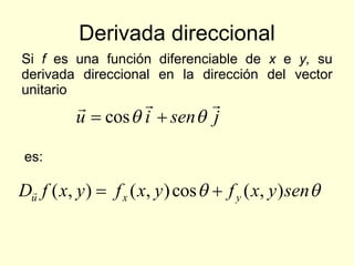 Derivada direccional Si  f   es una función diferenciable de  x  e  y,  su derivada direccional en la dirección del vector unitario  es: 