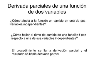 Derivada parciales de una función de dos variables ¿Cómo afecta a la función un cambio en una de sus variables independientes? ¿Cómo hallar el ritmo de cambio de una función f con respecto a una de sus variables independientes? El procedimiento se llama derivación parcial y el resultado se llama derivada parcial 