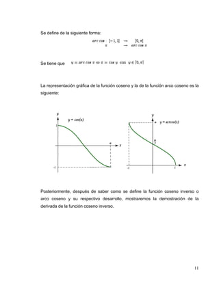 Se define de la siguiente forma:




Se tiene que




La representación gráfica de la función coseno y la de la función arco coseno es la
siguiente:




Posteriormente, después de saber como se define la función coseno inverso o
arco coseno y su respectivo desarrollo, mostraremos la demostración de la
derivada de la función coseno inverso.




                                                                                11
 