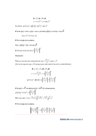 • Al ser g(x) = sen x, g'(x) = cos x, por tanto g'[f(x)] = cos f(x) = cos x2



• Por la regla de la cadena,

h'(x) = g'[f(x)] · f'(x) = 2x cos x2




Resolución:




• De g(x) = x3, se deduce g'(x) = 3x2. En consecuencia,




• Por la regla de la cadena,



−−−−−−−−−−−−−−−−−−−−−−−−−−−−−−−−−−−−−−−−−−−−−−−−−−−−−−−−−−−−−−−−−−−−−−−−−−−−−−−−−−−−−−−−−−−−−−−−−−−−−−−−−−−−−−−−−−−−−−−−−
 