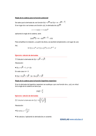 Regla de la cadena para la función potencial


Se sabe que la derivada de una función f(x) = xm es f'(x) = m · xm                                            - 1.
Si en lugar de x se tuviese una función u(x), la derivada de u(x)m




aplicando la regla de la cadena, será:

                                   [u(x)m]' = m · u(x)m                - 1 · u'(x)
Para simplificar la notación, y a partir de ahora, se escribirá simplemente u en lugar de u(x).

Así,




Ejercicio: cálculo de derivadas
−−−−−−−−−−−−−−−−−−−−−−−−−−−−−−−−−−−−−−−−−−−−−−−−−−−−−−−−−−−−−−−−−−−−−−−−−−−−−−−−−−−−−−−−−−−−−−−−−−−−−−−−−−−−−−−−−−−−−−−−−


    Calcular la derivada de f(x) = (x2 + 1)3.

Resolución:


• Si u = x2 + 1, u' = 2x
En este caso m = 3

• f'(x) = 3 (x2 + 1)2 · 2x = 6x (x2 + 1)2
−−−−−−−−−−−−−−−−−−−−−−−−−−−−−−−−−−−−−−−−−−−−−−−−−−−−−−−−−−−−−−−−−−−−−−−−−−−−−−−−−−−−−−−−−−−−−−−−−−−−−−−−−−−−−−−−−−−−−−−−−



Regla de la cadena para la función logaritmo neperiano

Si en la derivada de logaritmo neperiano se sustituye x por una función de x, u(x), en virtud
de la regla de la cadena se tiene que




Ejercicio: cálculo de derivadas
−−−−−−−−−−−−−−−−−−−−−−−−−−−−−−−−−−−−−−−−−−−−−−−−−−−−−−−−−−−−−−−−−−−−−−−−−−−−−−−−−−−−−−−−−−−−−−−−−−−−−−−−−−−−−−−−−−−−−−−−−




Resolución:




• Se calcula u' aplicando la derivada de un cociente:
 