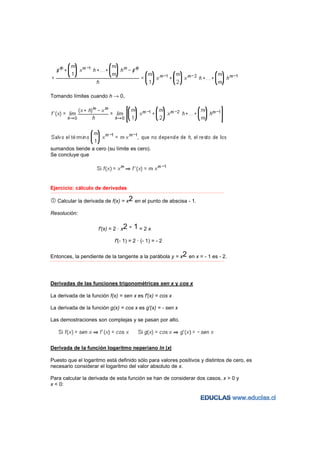 Tomando límites cuando h → 0,




sumandos tiende a cero (su límite es cero).
Se concluye que




Ejercicio: cálculo de derivadas
−−−−−−−−−−−−−−−−−−−−−−−−−−−−−−−−−−−−−−−−−−−−−−−−−−−−−−−−−−−−−−−−−−−−−−−−−−−−−−−−−−−−−−−−−−−−−−−−−−−−−−−−−−−−−−−−−−−−−−−−−


    Calcular la derivada de f(x) = x2 en el punto de abscisa - 1.

Resolución:

                                 f'(x) = 2 · x2       - 1=2x
                                            f'(- 1) = 2 · (- 1) = - 2


Entonces, la pendiente de la tangente a la parábola y = x2 en x = - 1 es - 2.
−−−−−−−−−−−−−−−−−−−−−−−−−−−−−−−−−−−−−−−−−−−−−−−−−−−−−−−−−−−−−−−−−−−−−−−−−−−−−−−−−−−−−−−−−−−−−−−−−−−−−−−−−−−−−−−−−−−−−−−−−




Derivadas de las funciones trigonométricas sen x y cos x

La derivada de la función f(x) = sen x es f'(x) = cos x

La derivada de la función g(x) = cos x es g'(x) = - sen x

Las demostraciones son complejas y se pasan por alto.




Derivada de la función logaritmo neperiano ln |x|

Puesto que el logaritmo está definido sólo para valores positivos y distintos de cero, es
necesario considerar el logaritmo del valor absoluto de x.

Para calcular la derivada de esta función se han de considerar dos casos, x > 0 y
x < 0:
 