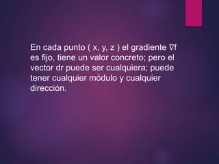 En cada punto ( x, y, z ) el gradiente ∇f 
es fijo, tiene un valor concreto; pero el 
vector dr puede ser cualquiera; puede 
tener cualquier módulo y cualquier 
dirección. 
 