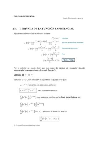 CALCULO DIFERENCIAL
Escuela Colombiana de Ingeniería
5.- Funciones Exponenciales y Logarítmicas
5.1. DERIVADA DE LA FUNCIÓN EXPONENCIAL
Aplicando la definición de la derivada se tiene:
( ) x
f x a= Enunciado.
( )
( ) ( )
0 0
'
x h x
h h
f x h f x a a
f x Lim Lim
h h
+
→ →
+ − −
= = Aplicando la definición de la derivada.
( )
( )
0 0
1
'
x hx h x
h h
a aa a a
f x Lim Lim
h h→ →
−−
= = Resolviendo y factorizando.
( )
( )
0
1
'
h
x
h
a
f x a Lim
h→
−
= Pero.
( )
( )0
1
' 0
h
h
a
Lim f
h→
−
= ( ) ( ) x
afxf 0'' =
Por lo anterior se puede decir que “La razón de cambio de cualquier función
exponencial es proporcional a la propia función”.
Derivada de x
a y u
a
Tomando x
y a= , Por definición de logaritmos se puede decir que :
( )Ln a
a e= , Elevando a la potencia x, se tiene::
( )
( ) ( )x
Ln a x Ln ax
a e e= = , para obtener la derivada:
( ) ( )
( )x Ln axd d
a e
dx dx
= , que se puede resolver por la Regla de la Cadena, así:
( ) ( )
( ) ( )
( )x Ln a x Ln axd d
a e e
dx dx
=
( ) ( )
( ) ( )x Ln axd
a e Ln a
dx
= , aplicando la definición anterior:
( ) ( ) ( )x xd
a a Ln a
dx
=
 
