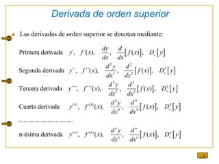9
Derivada de orden superior
 Las derivadas de orden superior se denotan mediante:
   
   
   
2 2
2
2 2
3 3
3
3 3
Primera derivada ´, ´( ), , ( ) ,
Segunda derivada ´´, ´´( ), , ( ) ,
Tercera derivada ´´´, ´´´( ), , ( ) ,
Cuarta derivad
x
x
x
dy d
y f x f x D y
dx dx
d y d
y f x f x D y
dx dx
d y d
y f x f x D y
dx dx
   
   
4 4
(4) (4) 4
4 4
( ) ( )
a , ( ), , ( ) ,
..................................
n-ésima derivada , ( ), , ( ) ,
x
n n
n n n
x
n n
d y d
y f x f x D y
dx dx
d y d
y f x f x D y
dx dx
 