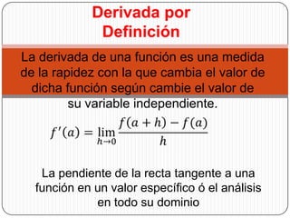 Derivada por
Definición
La derivada de una función es una medida
de la rapidez con la que cambia el valor de
dicha función...