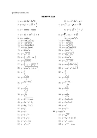 ejerciciosyexamenes.com

                                                  DERIVADAS

       1. y = 5x6-3x5+3x3-2                                               2. y = x-4+2x-3+x-4
                                          3
       3. y = 3 x10 + 2 x +                                      4. y = 3 . x 3 - π . x +                   3
                                          x
                                                                                                        2
       5. y = 4 senx - 3 cosx                                             6. y = 2             x +        + x5
                                                                                                        x
                                                                           π
       7. y = 4x3 + 2x3 - x3 + 4                                 8. y =       . cos x - 3 x
                                                                           2
       9. y = cos(3x)                                                      10. y = cos2(x3)
       11. y = sen (3x2-2x)                                      12.   y = cos(x2)
       13. y = sen3(2x2)                                         14.   y = cos4(3x4)
       15. y = 3 sen2(2x-3)                                      16.   y = cos5(3x2)
       17. y = cos (senx)                                        18.   y = cos2(sen(3x))
       19. y = 3 cos2 x                                          20.    y = 3 cos 2 ( x2 )
       21. y = x2 - 3x                                           22. y = 3 ( x 2 - 3x )2
       23. y = 2 (           x - 3x   )
                                      3
                                                                 24. y = 3 sen 2 x
       25. y = 5 sen(3x)                                         26. y = 3x - senx

                 (
       27. y = 3 x 2 -           1 - x2   )   3
                                                                 28. y = sen       (        3 x2 - 5x   )
       29. y = sen3 x + (x - 1 )3                                30. y = cos3 x2 - 3 x (                )
               x                                                         5
       31. y =                                                   32. y =
               5                                                         x
                 4                                                         3
               x - 3x                                                    x -3
       33. y =                                                   34. y =
                   4                                                        x
               ( x - 3x )2
                   4
                                                                         (x - 1 )3
       35. y =                                                   36. y =
                     3                                                      3x
                   2
                 x                                                         3x
       37. y = 2                                                 38. y =
               x -1                                                        x
                     3                                                         x
       39. y =                                                   40. y =
                     x                                                         3x
       41. y = 3 3 x 2 - senx                                    42. y = l n (3x - 1)
       43. y = l n ( x - 3x) 2
                                                                 44. y = l n x - 2
       45. y = log 2 (3 x 2 )                                    46. y = e x
                                                                               2




       47. y = 2 x                                              48. y = e x - 2x
                                                                               2



       49. y = 3sen x                                    50. y = tg ( x3 )
       51. y = 3 e x - 3x                                        52. y = ecosx
                         2



       53. y = 3 tg 2 x                                          54. y = ( x2 - 1) .(x - 1)
       55. y = x2 . l n x                                        56. y = e x . cos x
                                                                               2



       57. y = x4 . e 3 x                                        58. y = ex
                                                                               4 -3 2
                                                                                   x
                                                                                           . sen x
 