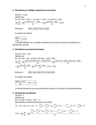 9
2. Derivada de un múltiplo constante de una función
Sea f(x) = k u(x)
Hallemos ∆y:
∆y= f(x +∆x) − f(x)= k . u(x+∆x )− k .u(x) = k. (u(x+∆x )− u(x))
0 0 0x x x
y k. (u(x+ x ) u(x)) u(x+ x ) u(x)
lim lim k. lim k.u'(x)
x x xΔ → Δ → Δ →
Δ Δ − Δ −
= = =
Δ Δ Δ
Entonces si f(x)= k u(x)⇒f ‘(x) =k.u’(x)
En notación de Leibnitz:
d(k.u)
k.u'(x)
dx
=
La función derivada de un múltiplo constante de una función es igual a la constante por la
derivada de la función.
3. Derivada de una suma de funciones
Sea f(x)= u(x) + v(x)
Hallemos ∆y:
∆y= f(x +∆x) − f(x)= u(x+∆x )+v(x+∆x) − (u(x)+ v(x))
0 0 0x x x
y (u(x+ x)+v(x+ x) ) (u(x)+v(x)) (u(x+ x) u(x))+ (v(x+ x) v(x))
lim lim lim
x x xΔ → Δ → Δ →
Δ Δ Δ − Δ − Δ −
= = =
Δ Δ Δ
0 0x x
u(x+ x) u(x) v(x+ x) v(x)
lim lim u'(x) v '(x)
x xΔ → Δ →
Δ − Δ −
= + = +
Δ Δ
Entonces si f(x)= u(x)+v(x)⇒f ‘(x) =u’(x)+v’(x)
En notación de Leibnitz:
d(u(x) v(x))
u'(x) v '(x)
dx
+
= +
La función derivada de una suma de funciones es igual a la suma de las funciones derivadas.
4. Derivada de una potencia
Sea f(x)= xn
Hallemos ∆y:
∆y= f (x+∆x) − f(x)=(x + ∆x)n
− xn
Desarrollando por Binomio de Newton (ver al final):
1 2 2 1
0 1 2 1
n n n n n n n nn n n n n
f(x x) f(x) (x x) x x x x x x ... x x b x
n n
− − −⎛ ⎞ ⎛ ⎞ ⎛ ⎞ ⎛ ⎞ ⎛ ⎞
+ Δ − = + Δ − = + Δ + Δ + + Δ + −⎜ ⎟ ⎜ ⎟ ⎜ ⎟ ⎜ ⎟ ⎜ ⎟
−⎝ ⎠ ⎝ ⎠ ⎝ ⎠ ⎝ ⎠ ⎝ ⎠
1 2 2 1
0 0
0 1 2 1
n n n n n n
x x
n n n n n
x x x x x ... x x x x
n ny
f '(x) lim lim
x x
− − −
Δ → Δ →
⎛ ⎞ ⎛ ⎞ ⎛ ⎞ ⎛ ⎞ ⎛ ⎞
+ Δ + Δ + + Δ + Δ −⎜ ⎟ ⎜ ⎟ ⎜ ⎟ ⎜ ⎟ ⎜ ⎟
−Δ ⎝ ⎠ ⎝ ⎠ ⎝ ⎠ ⎝ ⎠ ⎝ ⎠= =
Δ Δ
=
 