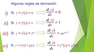 i) Si y = f (x) = c = 0
d( y)
dx
Algunas reglas de derivación
ii) Si y = f (x) = x = 1
d( y)
dx
iii) Si y = f (x) = xn
= n...