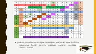 • -parábola – circunferencia - elipse – hipérbola – intervalos – valor absoluto –
inecuaciones – función – dominio – biyectivas – constante – cuadrática –
racional - asíntota
 