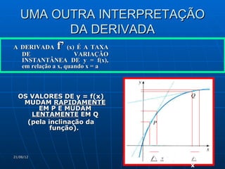 UMA OUTRA INTERPRETAÇÃO
         DA DERIVADA
A DERIVADA    f’   (x) É A TAXA
  DE                  VARIAÇÃO
  INSTANTÂNEA DE y = f(x),
  em relação a x, quando x = a



  OS VALORES DE y = f(x)
   MUDAM RAPIDAMENTE
       EM P E MUDAM
     LENTAMENTE EM Q
    (pela inclinação da
           função).



21/06/12
                                  x      11

                                       x
 