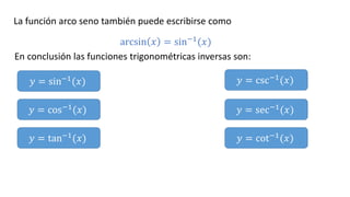 La función arco seno también puede escribirse como
arcsin 𝑥 = sin−1(𝑥)
En conclusión las funciones trigonométricas inversas son:
𝑦 = sin−1(𝑥)
𝑦 = cos−1
(𝑥)
𝑦 = tan−1
(𝑥)
𝑦 = csc−1
(𝑥)
𝑦 = sec−1
(𝑥)
𝑦 = cot−1
(𝑥)
 