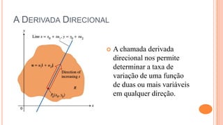 A DERIVADA DIRECIONAL


                       A chamada derivada
                        direcional nos permite
                        determinar a taxa de
                        variação de uma função
                        de duas ou mais variáveis
                        em qualquer direção.
 