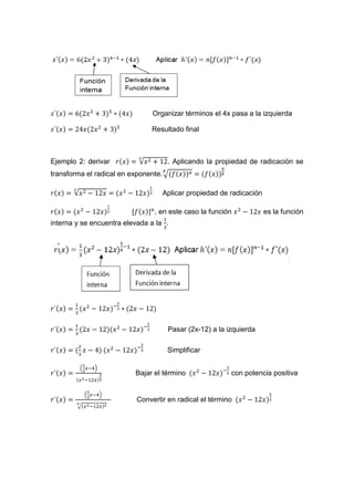 Organizar términos el 4x pasa a la izquierda
Resultado final
Ejemplo 2: derivar √ . Aplicando la propiedad de radicación se
transforma el radical en exponente.√
√ Aplicar propiedad de radicación
, en este caso la función es la función
interna y se encuentra elevada a la .
Pasar (2x-12) a la izquierda
Simplificar
( )
Bajar el término con potencia positiva
( )
√
Convertir en radical el término
´
 