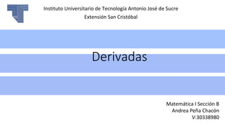 Derivadas
Instituto Universitario de Tecnología Antonio José de Sucre
Extensión San Cristóbal
Matemática I Sección B
Andrea Peña Chacón
V:30338980
 