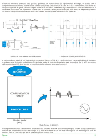 O conceito FISCO foi otimizado para que seja permitido um número maior de equipamentos de campo, de acordo com o
comprimento do barramento, levando-se em conta a variação das características do cabo (R’, L’,C’) e terminadores, que atenda as
categorias e grupos de gases, com uma simples avaliação da instalação, envolvendo segurança intrínseca. Com isto aumentou-se a
capacidade de corrente por segmento e facilitou para os usuários a avaliação da instalação. Além disso, ao adquirirem produtos
certificados não precisam se preocupar mais com cálculos, mesmo quando substituídos em operação.




                      Fieldbus Device
                                        H1 - 31.25 Kbit/s Voltage Mode                                                                       1 Bit Time
 Device Current




                                                 15 a 20mA p-p
                                                                                                                      CLOCK        1




                                                                      Voltage
                                                                                                    0.75 a 1.0V p-p
                  Receiving       Transmitting


                                                                                                                      DATA         0




                                                                                                                                                0         1     1      0       0
                                                                                                                                   +

                                                                                                                      MANCHESTER
                         100 Ohm                         100 Ohm                                                      BIPHASE-L
Power                                                                                                                 ENCODING
Supply
                        C                               C
                                                                             Terminator                                            -

                                                                   C is sized to pass 31.25Kbit/s
                              Fieldbus Network




                        Exemplo de sinal fieldbus em modo tensão                                                                       Exemplo de codificação manchester

A transmissão de dados de um equipamento tipicamente fornece 10mA a 31.25Kbit/s em uma carga equivalente de 50 Ohms
criando um sinal de tensão modulado em 1.0 Volt pico a pico. A fonte de alimentação pode fornecer de 9 a 32 VDC, porém em
aplicações seguras (IS) deve atender os requisitos das barreiras de segurança intrínseca.


                                   USER
                                APPLICATION




                                                                                                                      v

                         COMMUNICATION
                            “STACK”




                              PHYSICAL LAYER



                                                                                                                                                                           t
                                 Fieldbus Media
                                      (wire)
                                                                                             Modo Tensão 31.25 kbit/s

O comprimento total do cabeamento é a somatória do tamanho do trunk (barramento principal) e todos os spurs(derivações
maiores que 1m) sendo que com cabo do tipo A(*), é de no máximo 1900m em áreas não seguras. Em áreas seguras, é de no
máximo 1000 m, com cabo tipo A e os spurs não podem exceder 30m.
Sense                                                                                                                                                                              3
 