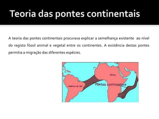   Os acontecimentos geológicos são o resultado de processos lentos e graduais da Natureza (Gradualismo).Teoria das pontes continentais A teoria das pontes continentais procurava explicar a semelhança existente  ao nível do registo fóssil animal e vegetal entre os continentes. A existência destas pontes permitia a migração das diferentes espécies.