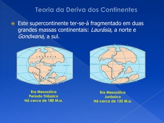 Teoria da Deriva dos ContinentesArgumento PaleontológicasAlfredWegener encontrou  vários exemplares dos mesmos fósseis em continentes que, actualmente, se encontram muito afastados. Estes animais e plantas não poderiam ter colonizado continentes tão afastados se as posições desses continentes fossem as actuais.