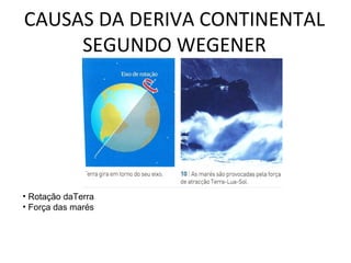 CAUSAS DA DERIVA CONTINENTAL
     SEGUNDO WEGENER




• Rotação daTerra
• Força das marés
 