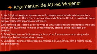 fred Wegener
gumentos de Al
Ar
1. Morfológicos- Wegener apercebeu-se de complementariedade existente entre a
costa ocidental de África com a costa ocidental da América Do Sul, e mais tarde entre
outros continentes separados atualmente.
2.Paleontológicos- Fósseis de seres vivos de uma espécie foram encontrados em locais
que distam atualmente milhares de quilómetros, estando ainda separados por
óceanos.
3. Paleoclimáticos- os Sedimentos glaciares só se formaram em zonas de grandes
altitudes e baixas temperaturas, pólos.
4. Litológicos- Rochas encontradas na América do Sul e África, com a mesma idade,
são semelhantes.

 