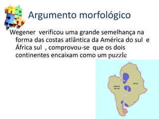 Argumento morfológico
Wegener verificou uma grande semelhança na
forma das costas atlântica da América do sul e
África sul , comprovou-se que os dois
continentes encaixam como um puzzle
 