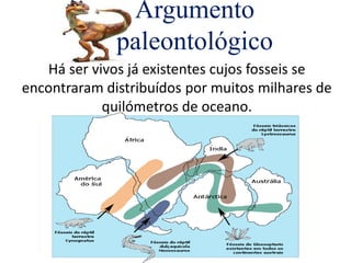 Argumento
paleontológico
Há ser vivos já existentes cujos fosseis se
encontraram distribuídos por muitos milhares de
quilómetros de oceano.
 