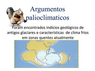 Argumentos
palioclimaticos
Foram encontrados indícios geológicos de
antigos glaciares e características de clima frios
em zonas quentes atualmente
 