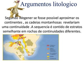 Argumentos litologico
Segundo Wegener se fosse possível aproximar os
continentes , as cadeias montanhosas revelariam
uma continuidade .A sequencia é contido de estratos
semelhante em rochas de continuidades diferentes.
 
