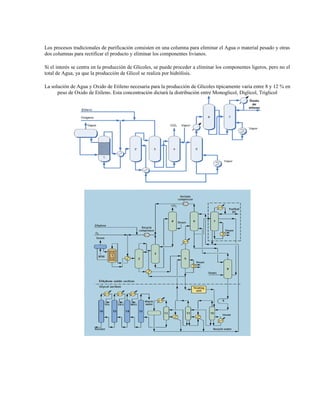 Los procesos tradicionales de purificación consisten en una columna para eliminar el Agua o material pesado y otras
dos columnas para rectificar el producto y eliminar los componentes livianos.
Si el interés se centra en la producción de Glicoles, se puede proceder a eliminar los componentes ligeros, pero no el
total de Agua, ya que la producción de Glicol se realiza por hidrólisis.
La solución de Agua y Oxido de Etileno necesaria para la producción de Glicoles típicamente varía entre 8 y 12 % en
peso de Oxido de Etileno. Esta concentración dictará la distribución entre Monoglicol, Diglicol, Triglicol
 