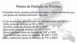 Pontos de Ebulição do Petróleo
• O petróleo bruto, quando refinado dá origem a varias substancias que
tem pontos de ebulição diferentes. São elas:
• O gás de petróleo, que tem ponto de ebulição menor que 40º C.
Nafta, ponto de ebulição de 60º a 100ºC
Gasolina, ponto de ebulição de 40º a 250ºC
Querosene, ponto de ebulição de 175º a 325ºC
Diesel destilado, ponto de ebulição de 250º a 350ºC
Óleo lubrificante, ponto de ebulição de 300º a 370ºC
Óleo combustível, ponto de ebulição de 370º a 600ºC
 