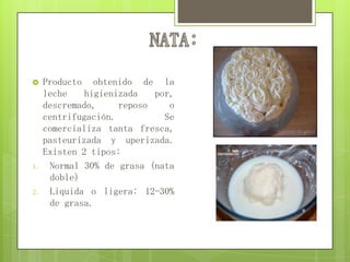  Producto obtenido de la
leche higienizada por,
descremado, reposo o
centrifugación. Se
comercializa tanta fresca,
pasteurizada y uperizada.
Existen 2 tipos:
1. Normal 30% de grasa (nata
doble)
2. Liquida o ligera: 12-30%
de grasa.
 
