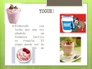  Elaborado con
leche que una vez
añadido un
fermento láctico
se coagula. El
yogur puede ser de
varios tipos de
leches.
 