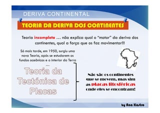DERIVA CONTINENTAL
Teoria incompleta … não explica qual o “motor” da deriva dos
continentes, qual a força que os faz movimentar!!!
Só mais tarde, em 1950, surgiu uma
nova Teoria, após se estudarem os
fundos oceânicos e o interior da Terra
…
TEORIA DA DERIVA DOS CONTINENTES
by Ana Kastro
Só mais tarde, em 1950, surgiu uma
nova Teoria, após se estudarem os
fundos oceânicos e o interior da Terra
…
Não são os continentes
que se movem, mas sim
as placas litosféricas
onde eles se encontram!
 