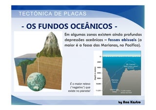 TECTÓNICA DE PLACAS
Em algumas zonas existem ainda profundas
depressões oceânicas – fossas abissais (a
maior é a fossa das Marianas, no Pacífico).
- OS FUNDOS OCEÂNICOS -
by Ana Kastro
É o maior relevo
(“negativo”) que
existe no planeta!
 