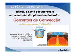 TECTÓNICA DE PLACAS
Afinal, o que é que provoca a
movimentação das placas tectónicas? …
http://www.youtube.com/watch?v=ATQapeg57U0
by Ana Kastro
Lentas correntes de subidas e
descidas de material rochoso
quente que se encontra na
astenosfera
 