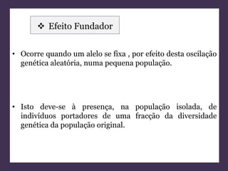  Efeito Fundador 
• Ocorre quando um alelo se fixa , por efeito desta oscilação 
genética aleatória, numa pequena população. 
• Isto deve-se à presença, na população isolada, de 
indivíduos portadores de uma fracção da diversidade 
genética da população original. 
 