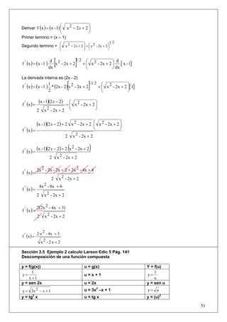 ⎛                ⎞
Derivar f (x ) = (x - 1) ⎜         x 2 − 2x + 2 ⎟
                               ⎝                ⎠
Primer termino = (x – 1)
                               ⎛                  ⎞             12
Segundo termino = ⎜ x 2 − 2 x + 2 ⎟ = ⎛ x 2 - 2x + 2 ⎞
                  ⎜               ⎟ ⎜                ⎟
                               ⎝                  ⎠ ⎝           ⎠


f ' (x ) = (x - 1 )
                       d 2
                      dx
                           [
                         x - 2x + 2
                                    12 ⎛
                                        ⎝
                                             ]         ⎞ d
                                      + ⎜ x 2 - 2x + 2 ⎟ [ x - 1]
                                                       ⎠ dx

La derivada interna es (2x - 2)

                                    [
f ' (x ) = (x - 1 ) * (2x - 2 ) x 2 - 2x + 2
                   1
                   2
                                             -1 2 ⎛
                                                   ⎝
                                                      ]           ⎞
                                                 + ⎜ x 2 - 2x + 2 ⎟[ 1]
                                                                  ⎠


f ' (x ) =
              (x - 1)(2 x − 2)   ⎛              ⎞
                               + ⎜ x 2 - 2x + 2 ⎟
             2     x 2 - 2x + 2 ⎝               ⎠

                                                        ⎛              ⎞
             (x - 1)(2 x − 2) + 2          x 2 - 2x + 2 ⎜ x 2 - 2x + 2 ⎟
f ' (x ) =                                              ⎝              ⎠
                                   2       x 2 - 2x + 2


f
                                       (
  ' (x ) = (x - 1)(2 x − 2 ) + 2 x - 2x + 2
                                  2                   )
                    2 x 2 - 2x + 2

             2x 2 - 2x - 2x + 2 + 2x 2 - 4x + 4
f ' (x ) =
                       2       x 2 - 2x + 2
                 4x 2 - 8x + 6
f ' (x ) =
             2     x 2 - 2x + 2

             2(2x 2 - 4x + 3)
f ' (x ) =
             2      x 2 - 2x + 2


             2 x 2 - 4x + 3
f ' (x ) =
                 x2 - 2 x + 2

Sección 3.5 Ejemplo 2 calculo Larson Edic 5 Pág. 141
Descomposición de una función compuesta

y = f(g(x))                                       u = g(x)                 Y = f(u)
      1                                                                        1
y=                                                u=x+1                    y=
    x +1                                                                       u
y = sen 2x                                        u = 2x                   y = sen u
y = 3x 2 − x + 1                                  u = 3x2 –x + 1           y= u
y = tg2 x                                         u = tg x                 y = (u)2

                                                                                       51
 