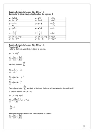 Sección 3.5 calculo Larson Edic 5 Pág. 143
Completar la tabla siguiendo el modelo del ejemplo 2

y = f(g(x))                        u = g(x)            y = f(u)
y = (6x - 5)4                      u = 6x -5           y = (u)4
       1                                                    1
y=                                 u=x+1               y=
      x +1                                                   u

y = x2 −1                          u = x2 - 1          y= u
          2                            ⎛ 3x ⎞
    ⎛ 3x ⎞
y=⎜ ⎟                              u =⎜ ⎟              y = (u )2
    ⎝ 2 ⎠                              ⎝ 2 ⎠
y = (x2 - 3x + 4)6                 u = (x2 - 3x + 4)   y = (u)6
y = (5x - 2)3/2                    u = (5x - 2)        y = (u)3/2


Sección 3.5 calculo Larson Edic 5 Pág. 143
Problema # 7
Hallar la derivada usando la regla de la cadena.
               3
y = (2x - 7)

dy ⎛ dy ⎞ ⎛ du ⎞
  =⎜ ⎟⎜ ⎟
dx ⎝ du ⎠ ⎝ dx ⎠
                  dy
Se halla primero: du

dy d
  =   (2x - 7 )3
du du

   = (3)(2x - 7 )3 −1
dy
du
   = (3)(2x - 7 )2
dy
du
                    du
Después se halla: dx (es decir la derivada de la parte interna dentro del paréntesis)
la función interior u = (2x – 7)

y = (2x – 7)3 = (u)3

du d (2x - 7 )
   =           = 2 x1-1 - 0
dx     dx

 du
    = 2
 dx

Reemplazando en la ecuación de la regla de la cadena
dy ⎛ dy ⎞ ⎛ du ⎞
  =⎜ ⎟⎜ ⎟
dx ⎝ du ⎠ ⎝ dx ⎠



                                                                                        52
 