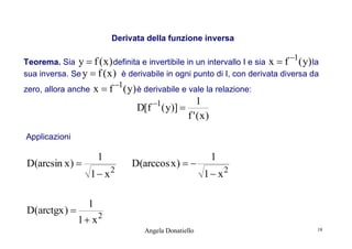 Derivata della funzione inversa

1
Teorema. Sia y  f ( x ) definita e invertibile in un intervallo I e sia x  f ( y) la
sua inversa. Se y  f ( x ) è derivabile in ogni punto di I, con derivata diversa da
1
zero, allora anche x  f ( y) è derivabile e vale la relazione:

1
D[f ( y)] 
f ' (x)
1

Applicazioni

D(arcsin x ) 

D(arctgx ) 

1
1 x

2

D(arccos x )  

1
1  x2

1
1  x2
Angela Donatiello

18

 