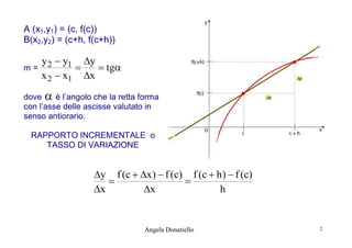 A (x1,y1) = (c, f(c))
B(x2,y2) = (c+h, f(c+h))
m=

y 2  y1 y

 tg
x 2  x1 x

dove  è l’angolo che la retta forma
con l’asse delle ascisse valutato in
senso antiorario.
RAPPORTO INCREMENTALE o
TASSO DI VARIAZIONE

y f (c  x )  f (c) f (c  h )  f (c)


x
x
h

Angela Donatiello

2

 