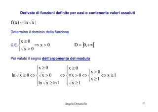 Derivate di funzioni definite per casi o contenente valori assoluti

f ( x ) | ln x |
Determino il dominio della funzione

x  0
C.E. 
x0
 x 0

D  0,

Poi valuto il segno dell’argomento del modulo

x  0
x  0
x  0


ln x  0   x  0
 x  0  
 x 1
x  1
ln x  ln 1  x  1



Angela Donatiello

22

 