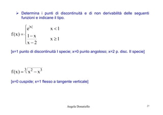  Determina i punti di discontinuità e di non derivabilità delle seguenti
funzioni e indicane il tipo.

e|x|

f ( x )  1  x

x  2

x 1
x 1

[x=1 punto di discontinuità I specie; x=0 punto angoloso; x=2 p. disc. II specie]

3

f (x)  x 2  x3
[x=0 cuspide; x=1 flesso a tangente verticale]

Angela Donatiello

27

 