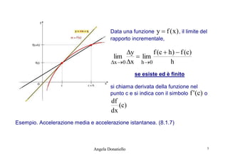 Data una funzione y  f ( x ) , il limite del
rapporto incrementale,

y
f ( c  h )  f ( c)
lim
 lim
h
x 0 x h 0
se esiste ed è finito
si chiama derivata della funzione nel
punto c e si indica con il simbolo f ' (c) o

df
(c)
dx
Esempio. Accelerazione media e accelerazione istantanea. (8.1.7)

Angela Donatiello

5

 