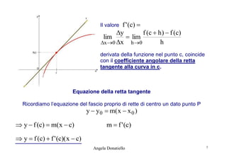 f ' ( c) 
y
f ( c  h )  f ( c)
lim
 lim
h
x 0 x h 0

Il valore

derivata della funzione nel punto c, coincide
con il coefficiente angolare della retta
tangente alla curva in c.

Equazione della retta tangente
Ricordiamo l’equazione del fascio proprio di rette di centro un dato punto P

y  y 0  m( x  x 0 )

 y  f (c)  m( x  c)

m  f ' (c)

 y  f (c)  f ' (c)( x  c)
Angela Donatiello

7

 